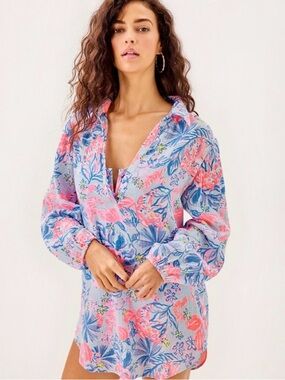 NWT Lilly Pulitzer Kique Long Sleeve CoverUp in Multi Elephant Splash